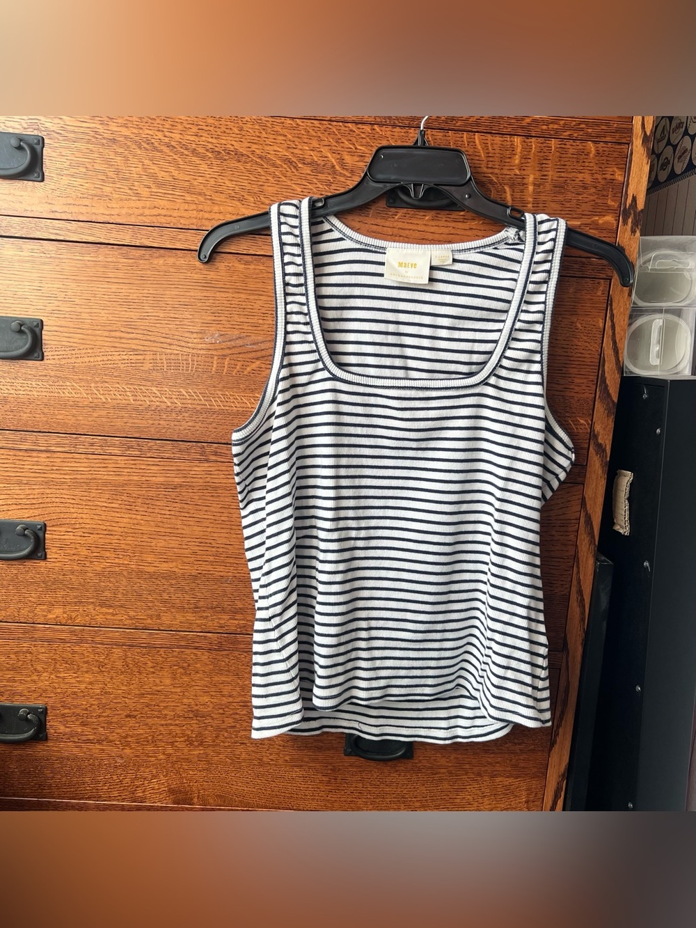 XL Anthropologie 100% Cotton Square Neck Ribbed Striped Navy & White Tank Top